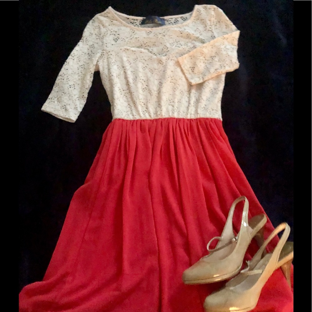 Blue Rain dress cream lace bodice& red flowy skirt